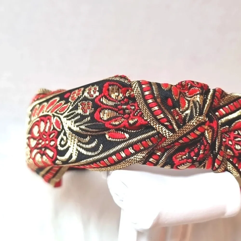 JEWELTONE JACQUARD SATIN FABRIC top knot red gold black headband